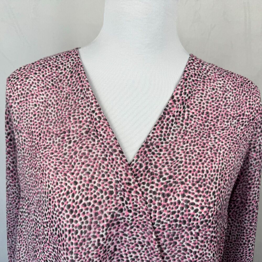DKNY Women's Surplice Wrap Blouse Size M Pink Abstract Print Long Sleeve