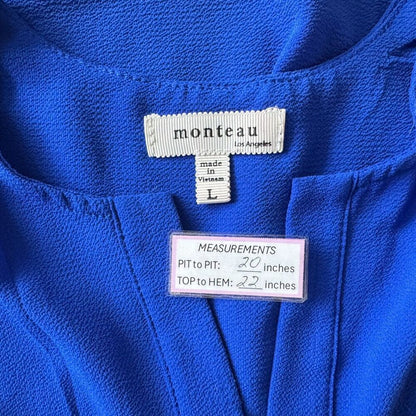 Monteau Women Blouse Sz L Blue Split Neck Pockets Sleeveless