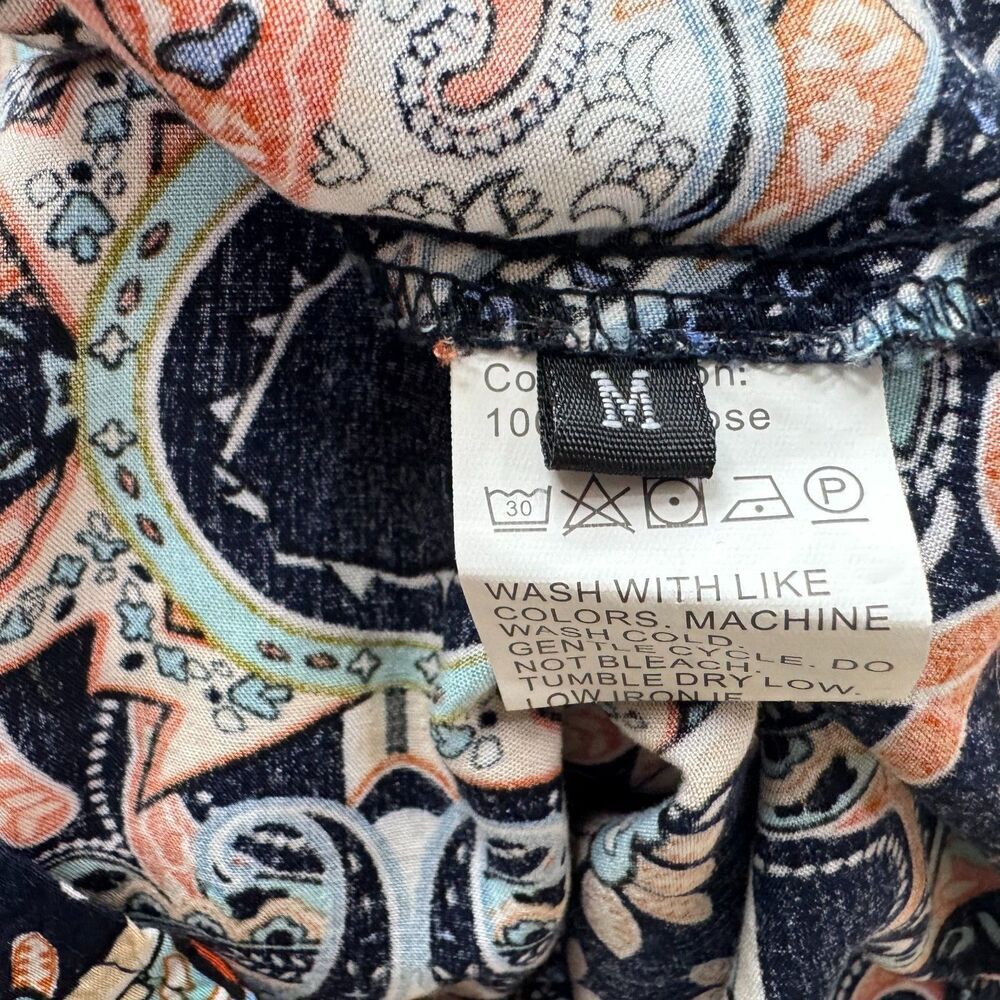 Angashion Top Sz M Black Multicolor Print Flutter Raglan Sleeve Split Neck Tie