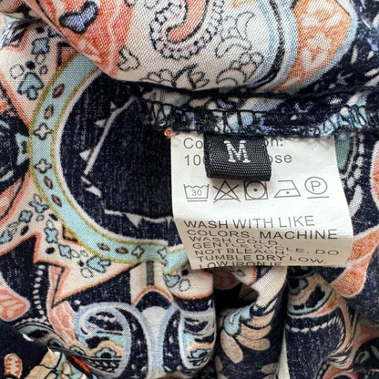 Angashion Top Sz M Black Multicolor Print Flutter Raglan Sleeve Split Neck Tie