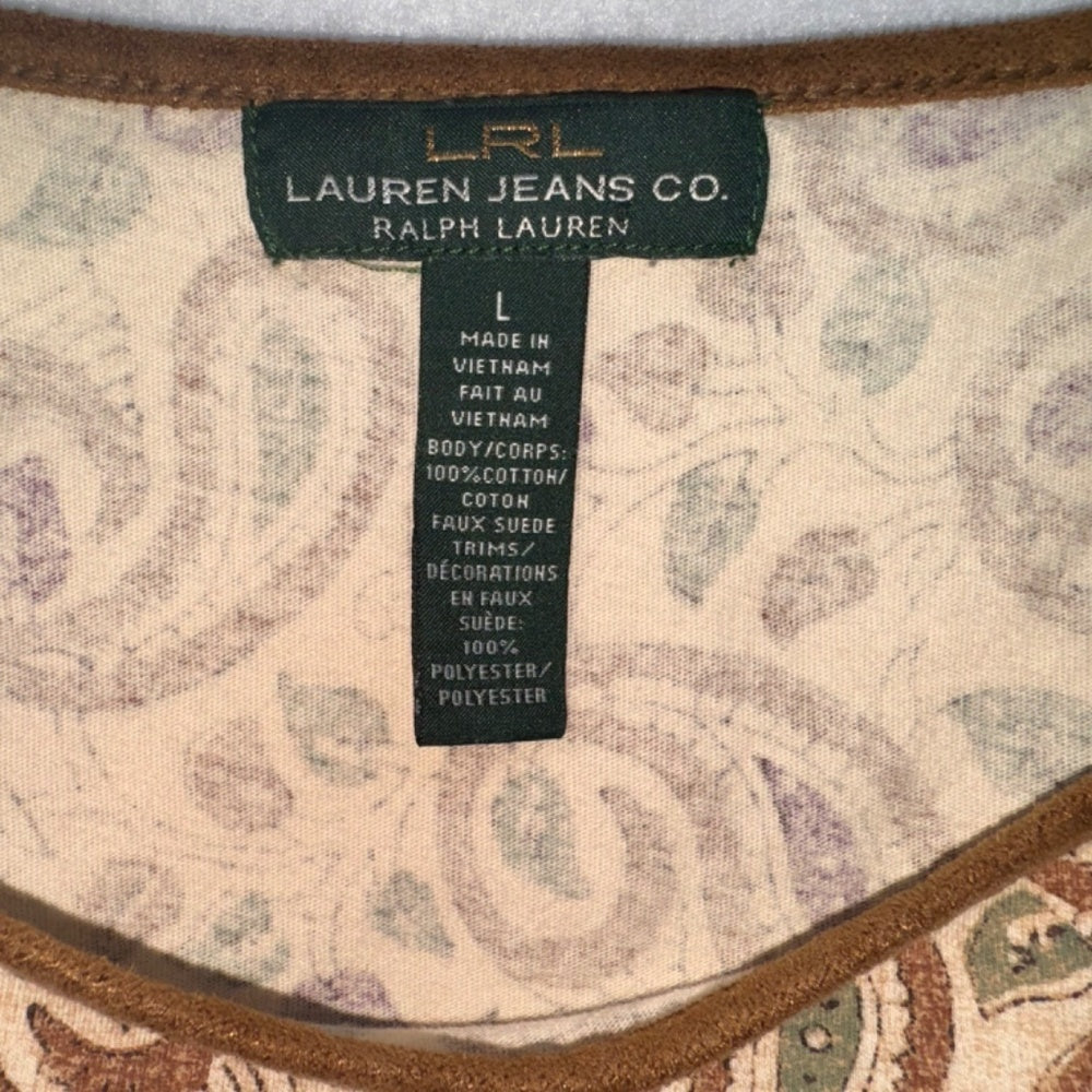 LRL Lauren Jeans Top Sz L Faux suede trim Beige Paisley knit cotton shirred hem