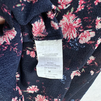 Rewind Top Women Sz Medium Sheer Navy Blue floral print Round Neck Off Shoulder