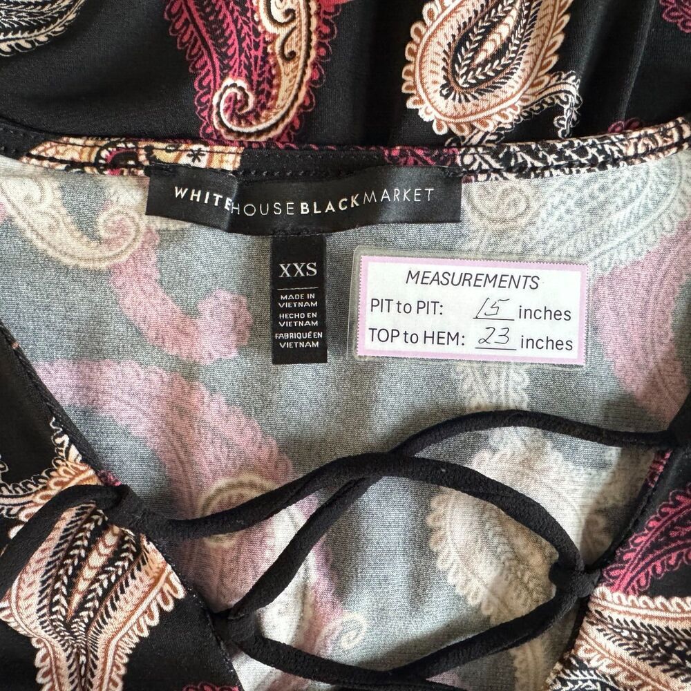 White House Black Market Sz XXS Paisley Print Peplum Criss Cross Tie Bell Sleeve