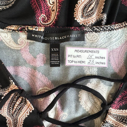 White House Black Market Sz XXS Paisley Print Peplum Criss Cross Tie Bell Sleeve