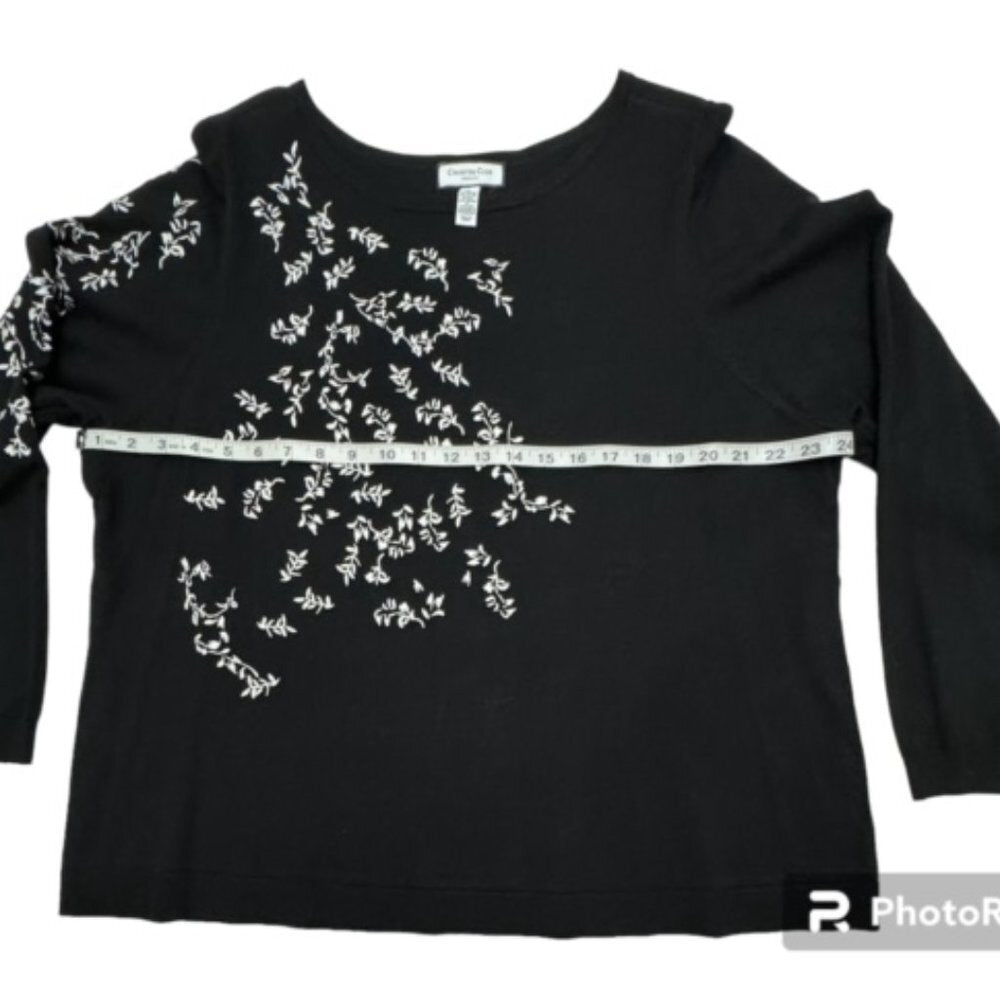Charter Club Sz 3X Black Sweater White Embroidered Long Sleeves Boat Neck
