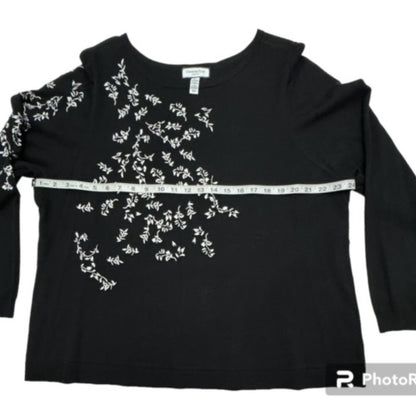 Charter Club Sz 3X Black Sweater White Embroidered Long Sleeves Boat Neck