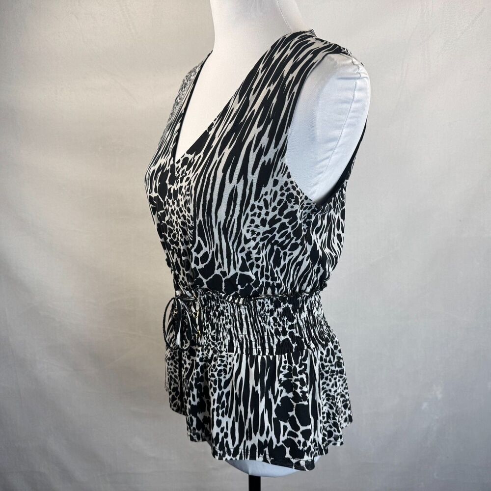 Ember Ladie's Peplum Top Sz M Animal Print Sleeveless Smocked Lace-up Waist