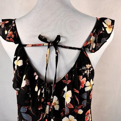 Maurices Floral Tank Sz S Black Peach Yellow Ruffled neck spaghetti straps