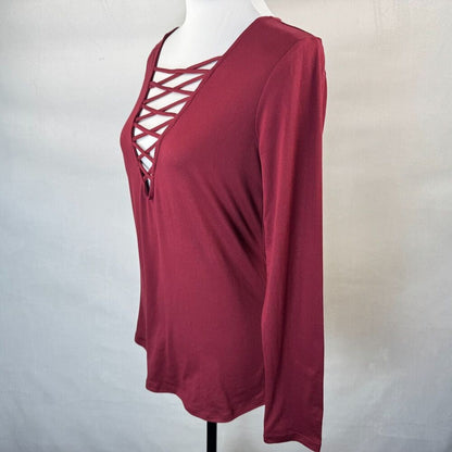 Daytrip Top Sz S Burgundy Soft Knit Loop Lace Up Long Sleeve
