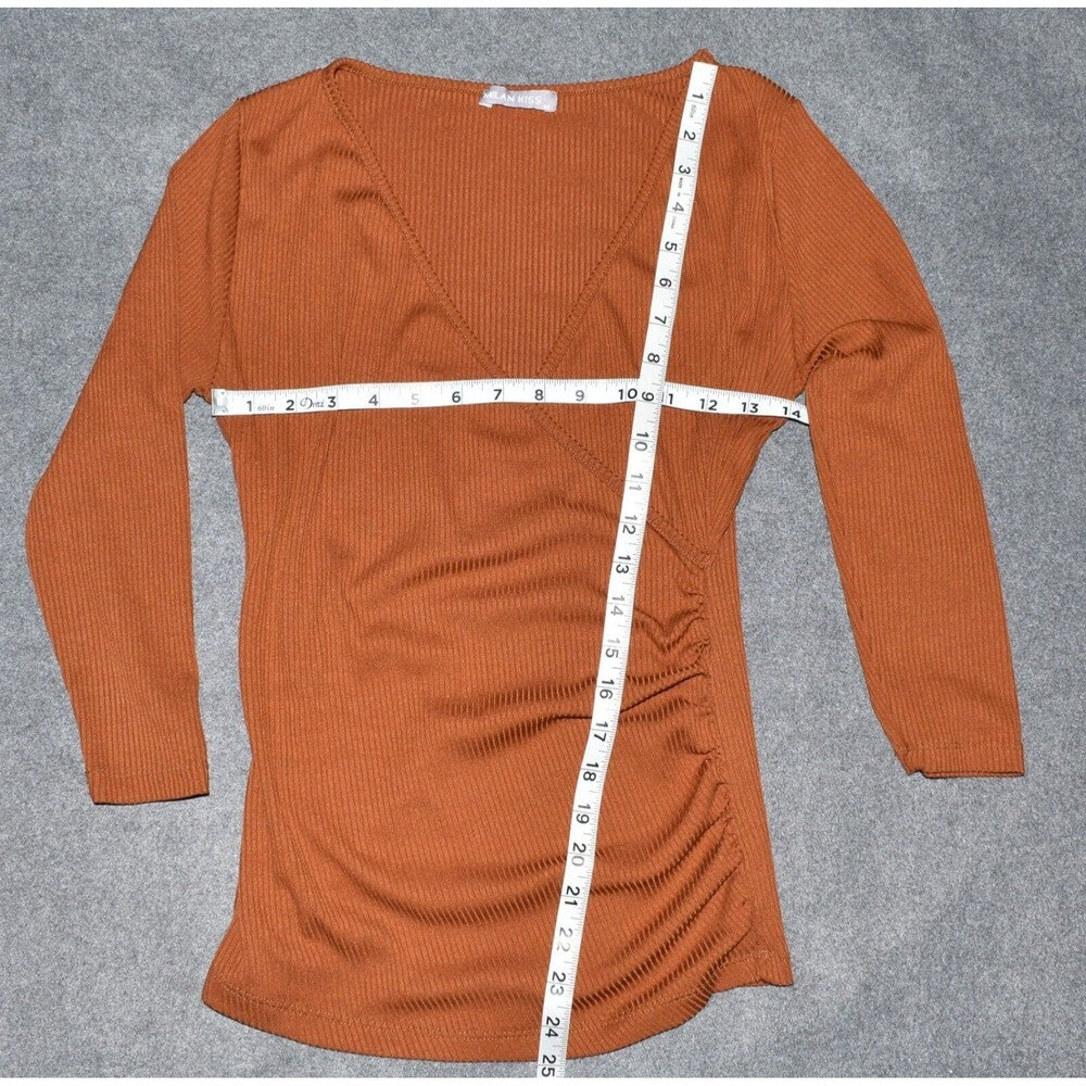 Milan Kiss Ruched Top Pullover Long Sleeves, Rust,  Ribbed Stretch - Size M