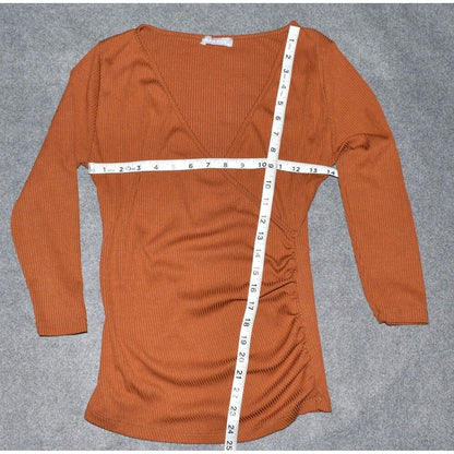 Milan Kiss Ruched Top Pullover Long Sleeves, Rust,  Ribbed Stretch - Size M