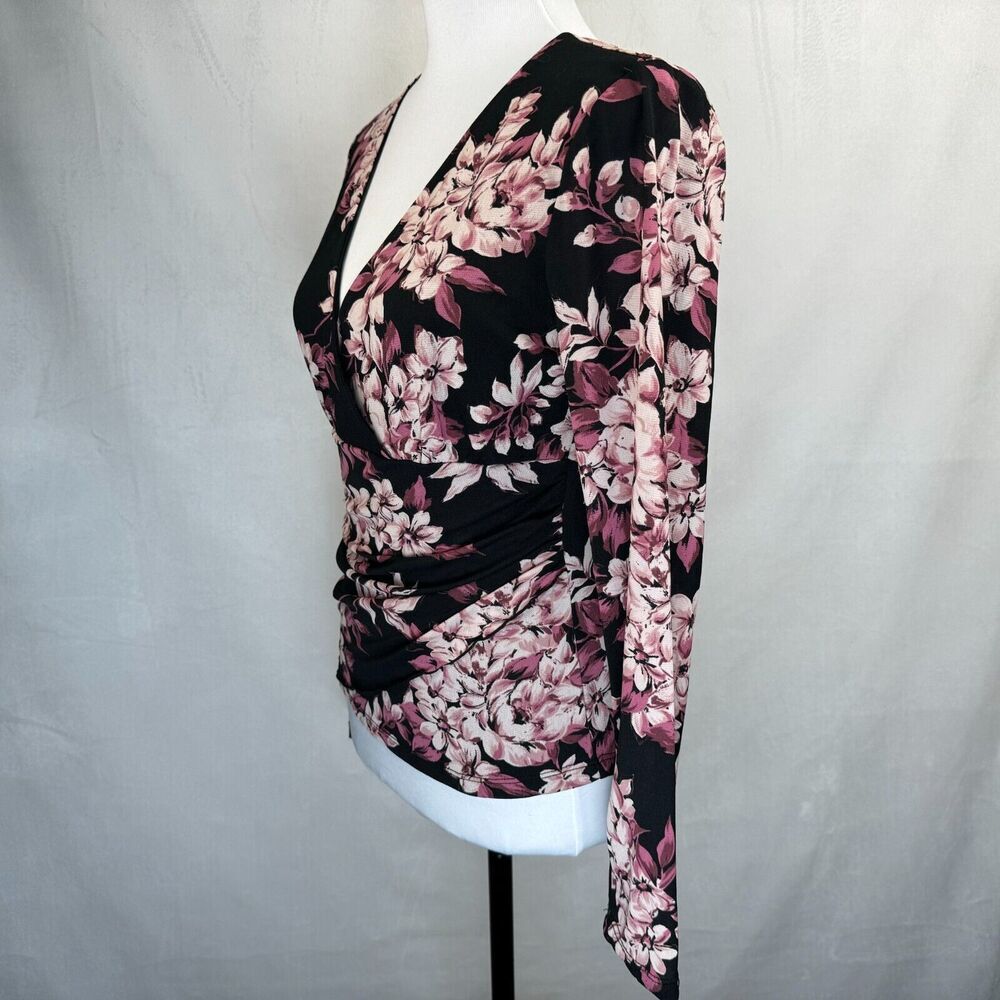 INC International Concepts Ladies Sz M Black Top Pink Floral Faux Wrap Peplum
