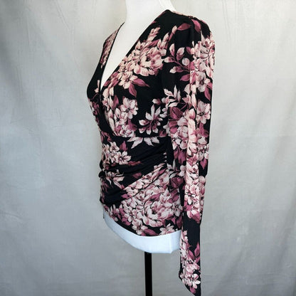 INC International Concepts Ladies Sz M Black Top Pink Floral Faux Wrap Peplum