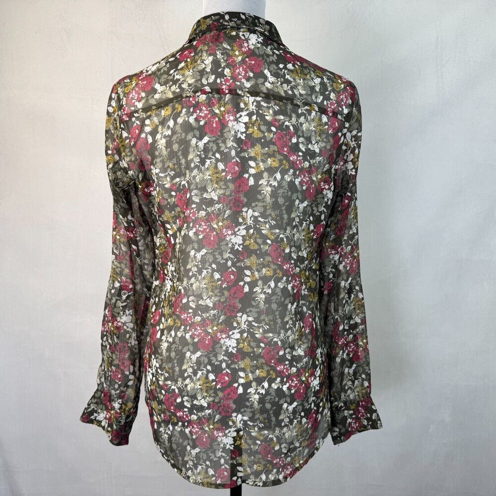 Eddie Bauer Women Sz XS Sheer Green Floral Blouse Roll Up Sleeves Button Down