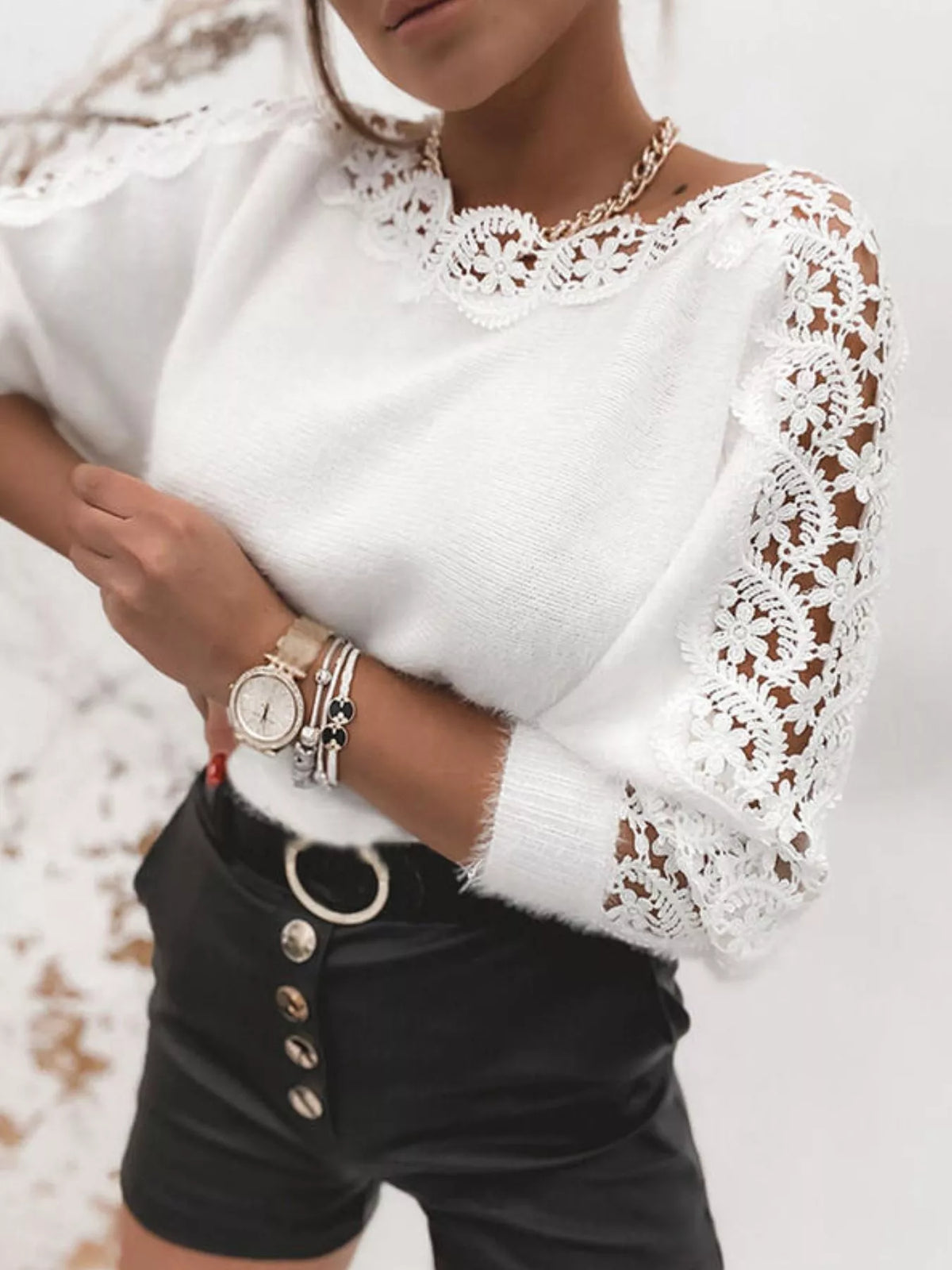 Women's white Simply Love sweater with lace-trimmed crew neckline and long sleeves featuring decorative lace panels.
