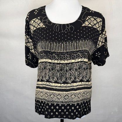 Draper’s & Damon’s Women Shirt Sz M Black Tan Round Neck Short Sleeve Rayon