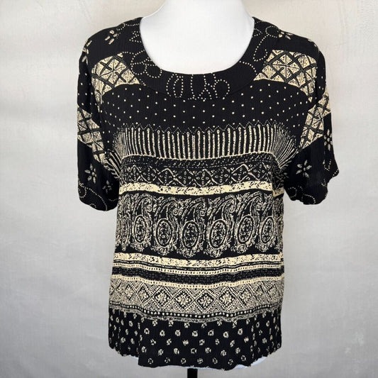 Draper’s & Damon’s Women Shirt Sz M Black Tan Round Neck Short Sleeve Rayon