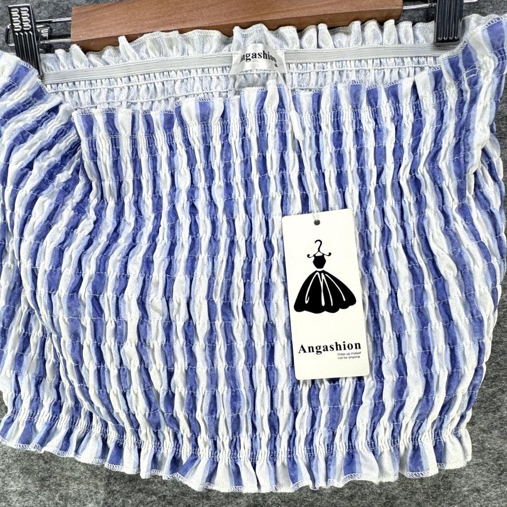 Angashion Smocked Tube Top Blue and white stripes Ruffle Trim Size Medium