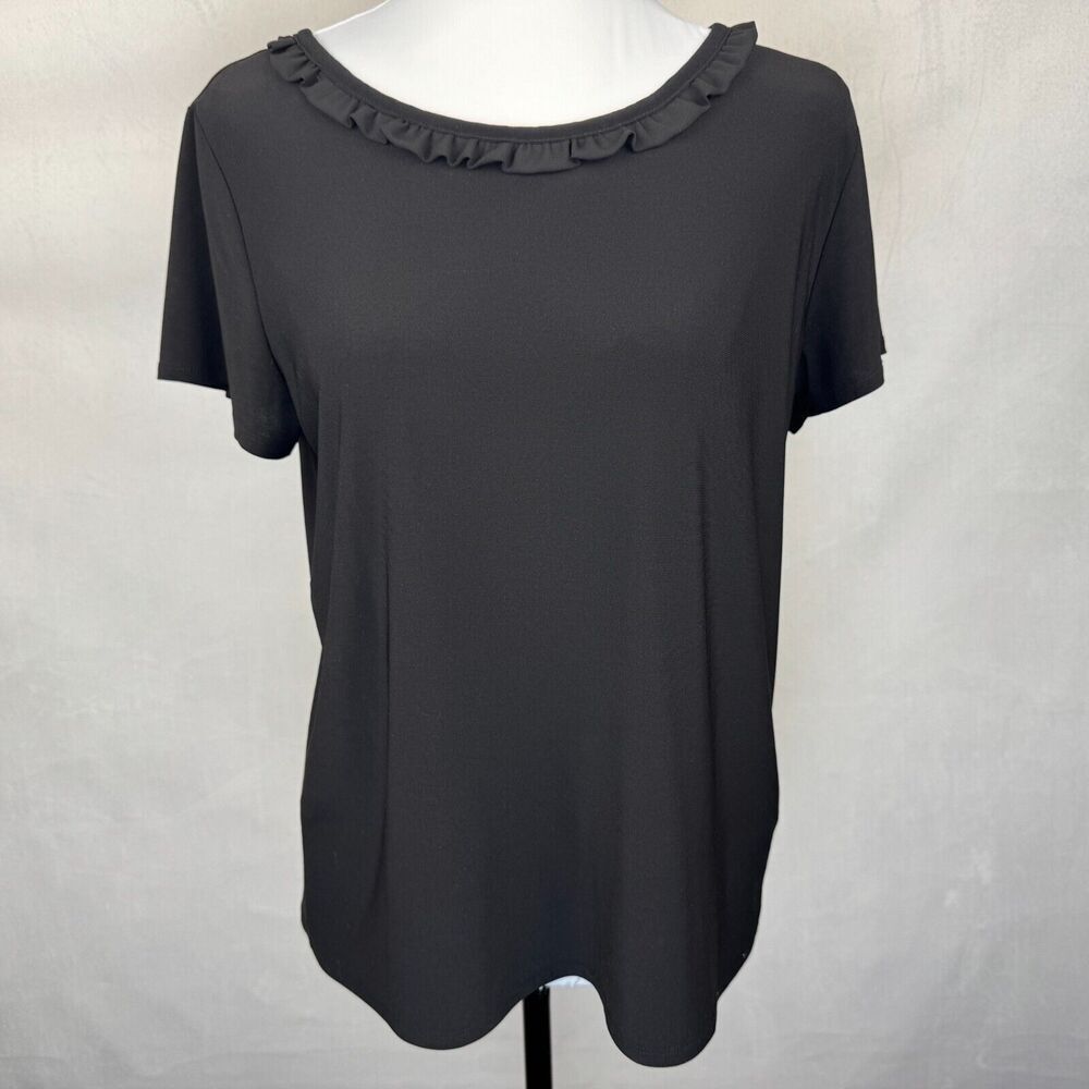 CeCe Women Blouse Sz M Black Ruffle Boat Neck Short Sleeve