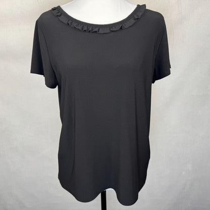 CeCe Women Blouse Sz M Black Ruffle Boat Neck Short Sleeve