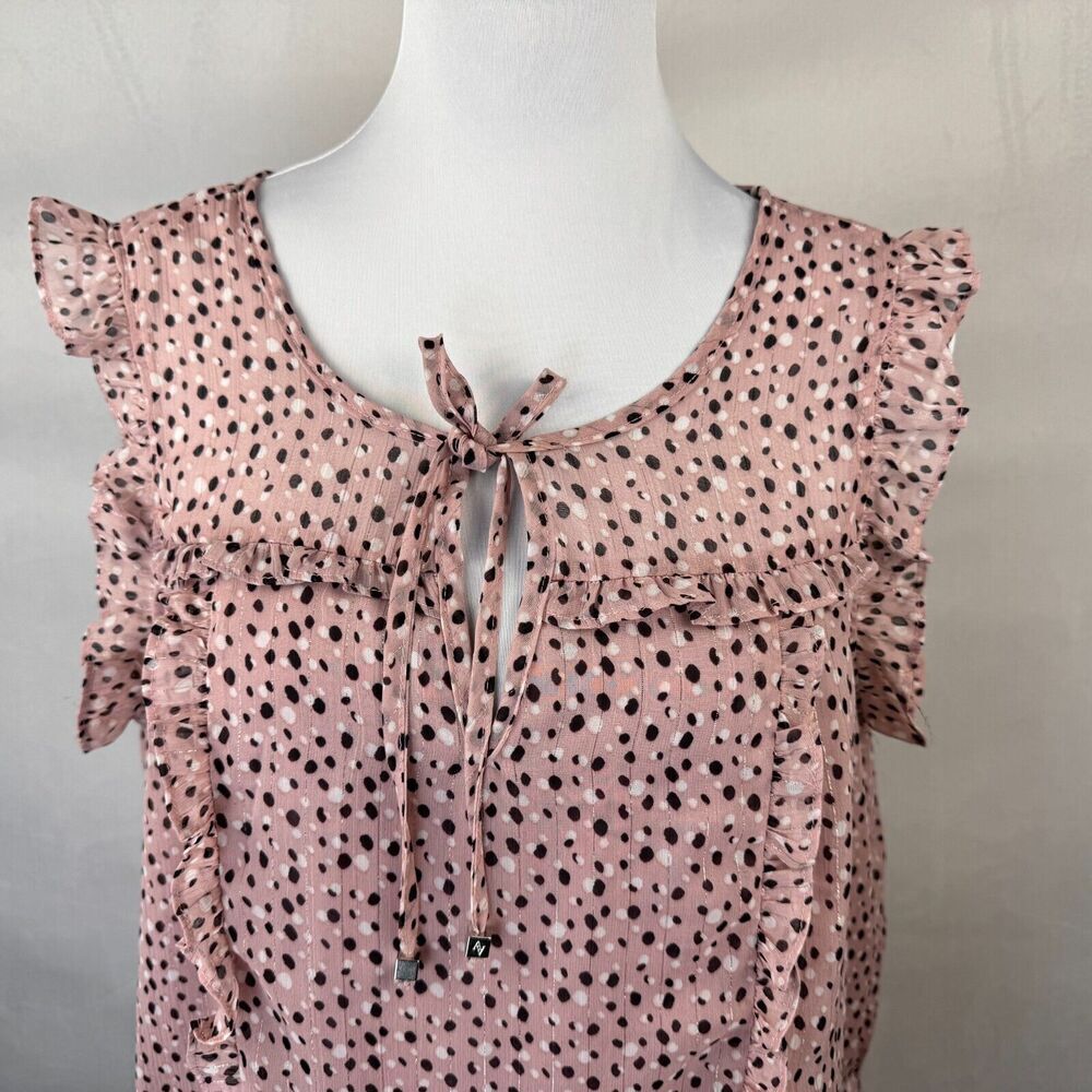 Adrienne Vittadini Women Blouse Sz L Sheer Pink Floral Split Neck Ruffle Sleeve