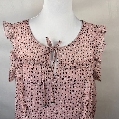 Adrienne Vittadini Women Blouse Sz L Sheer Pink Floral Split Neck Ruffle Sleeve