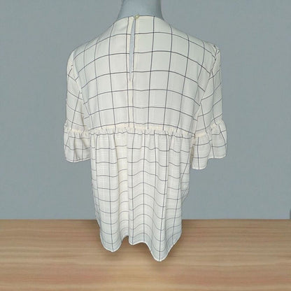 LOFT Top Sz M Ivory Plaid Round Neck Short Sleeve Keyhole Back Peplum Lined