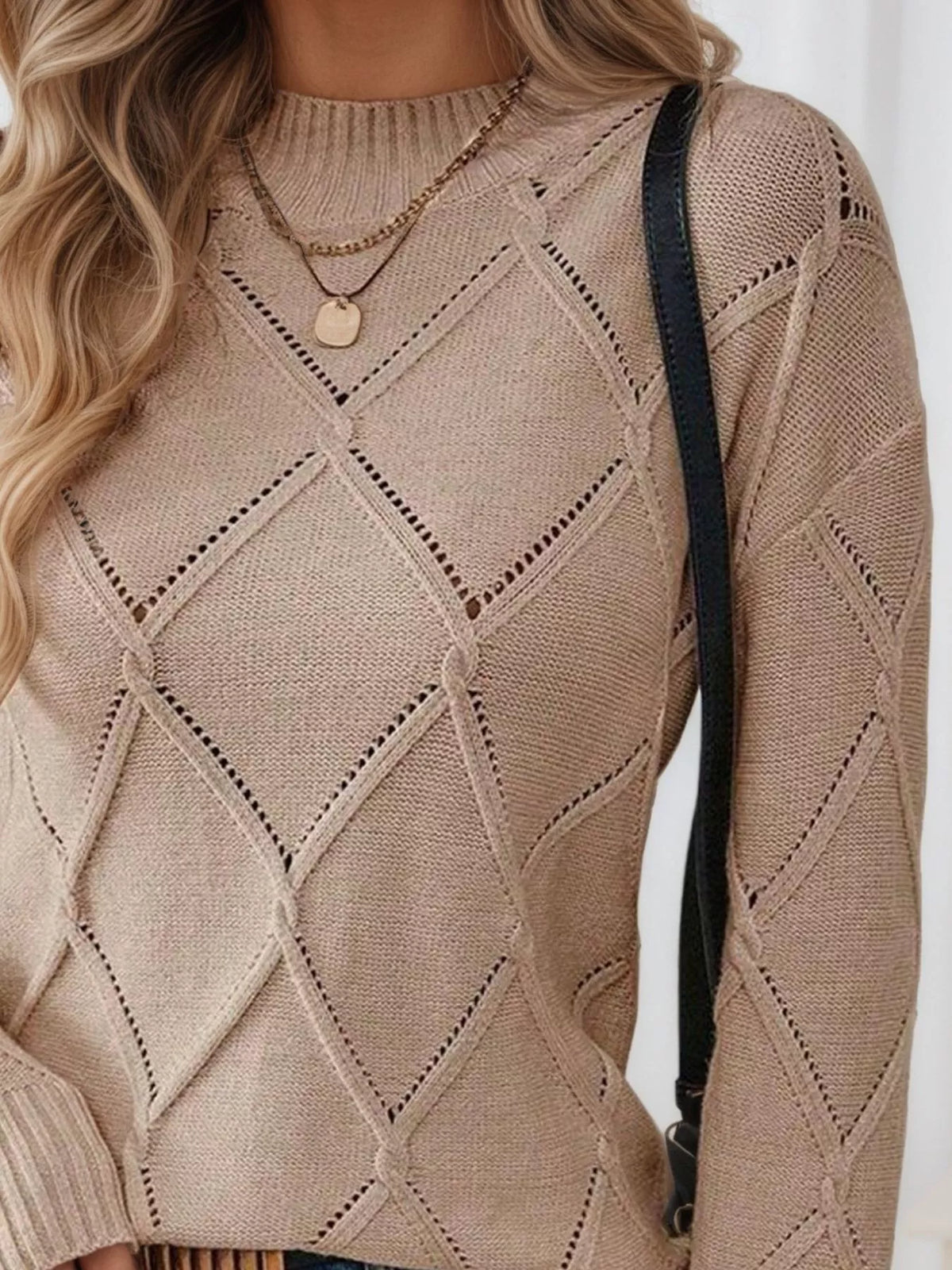 Simply Love Women's Diamond Eyelet Long Sleeve Knit Sweater