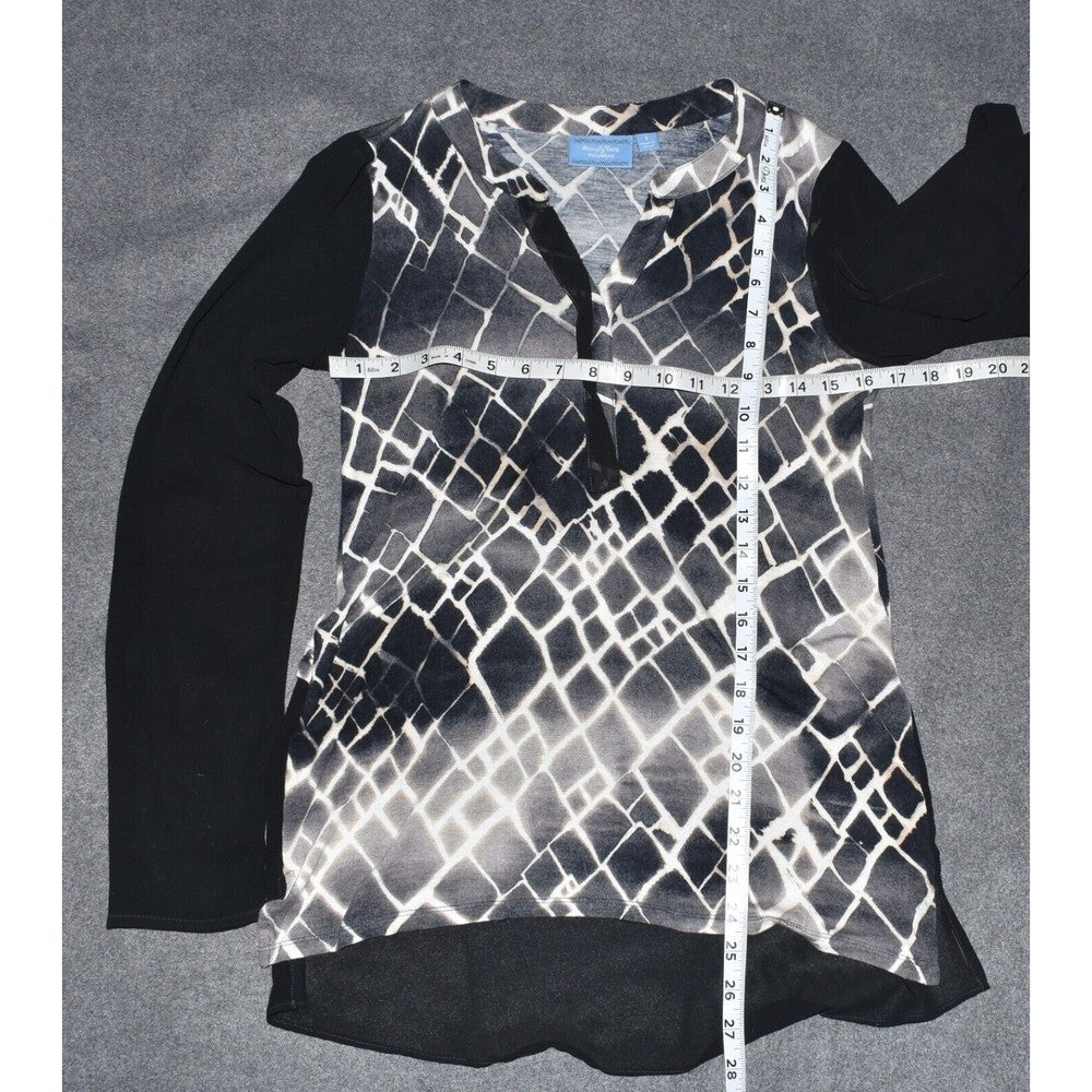 Simply Vera Wang Sheer Long Sleeve Split Neck Black Geometric  Blouse Top Size S