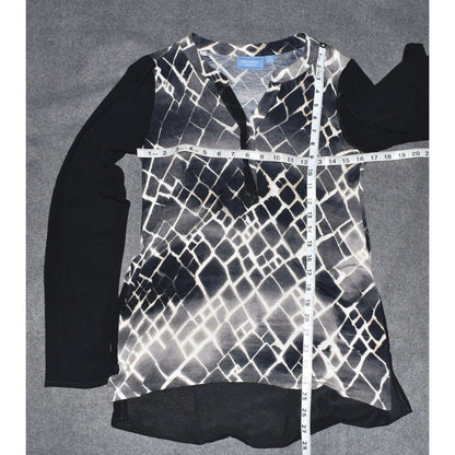 Simply Vera Wang Sheer Long Sleeve Split Neck Black Geometric  Blouse Top Size S