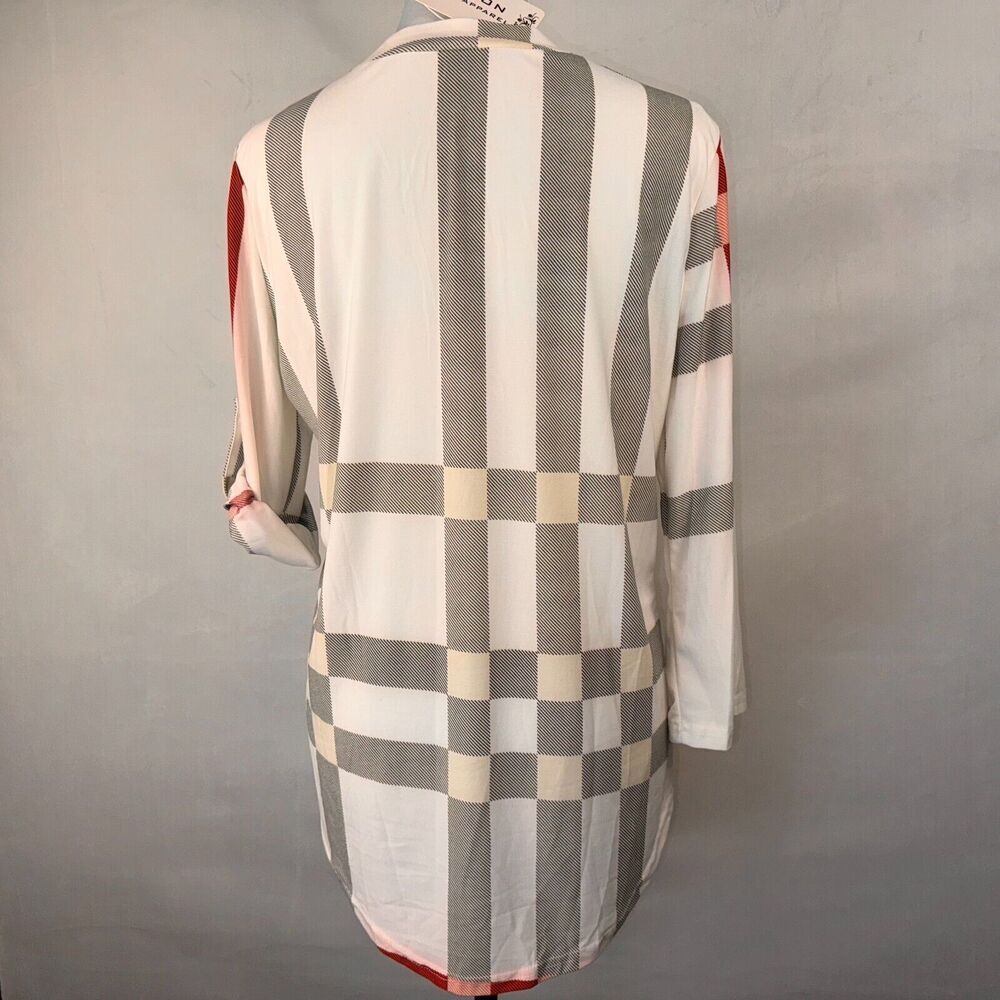 Fashion Women Sz XL Plaid Top bone red black cream Henley 3/4 roll up sleeves