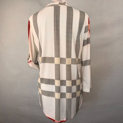 Fashion Women Sz XL Plaid Top bone red black cream Henley 3/4 roll up sleeves