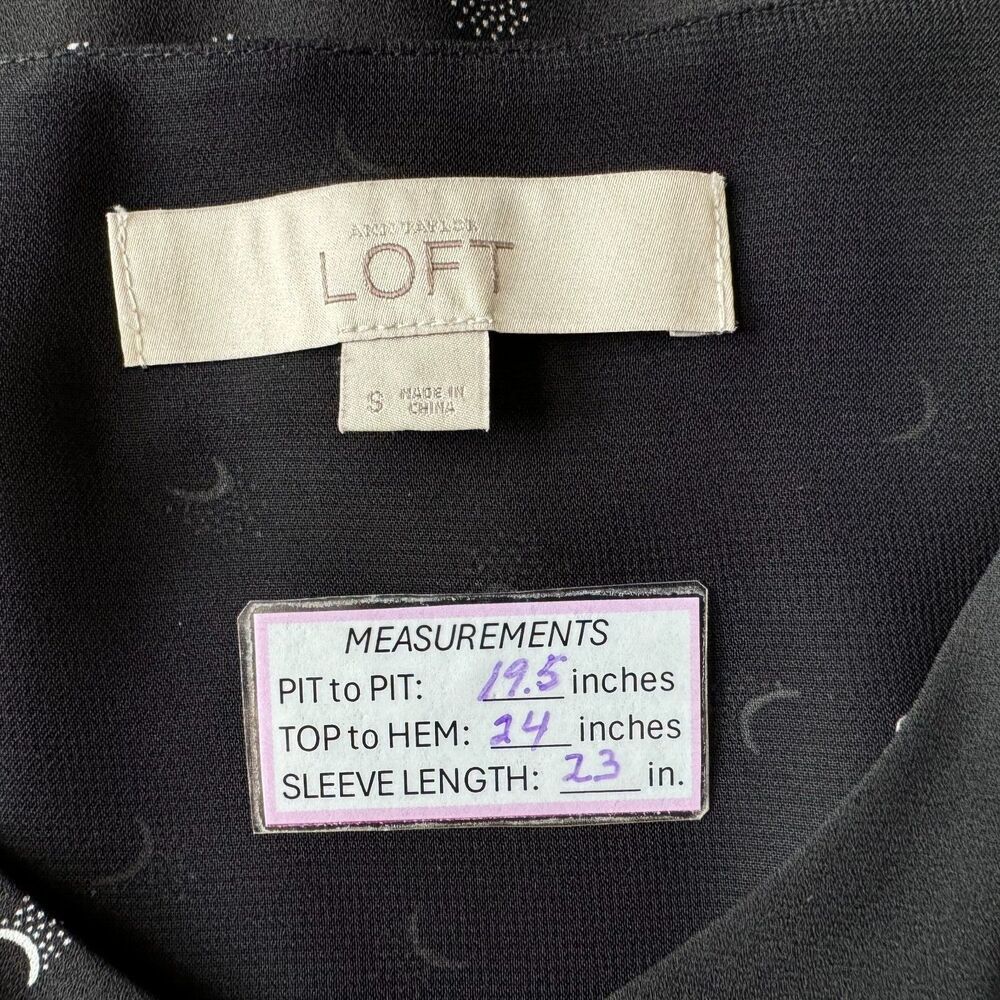 Loft Top Ladies Sz S Black Moon Print V-Neck Long Sleeves Peplum