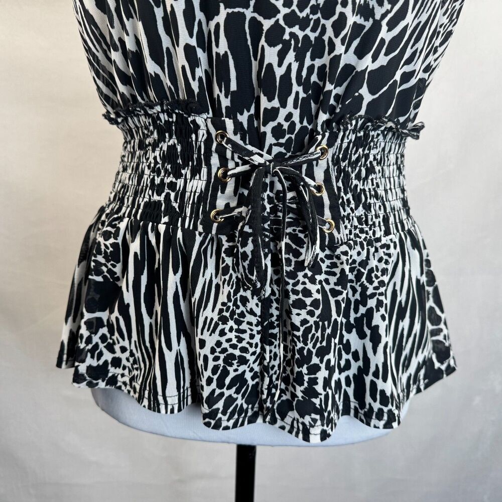 Ember Ladie's Peplum Top Sz M Animal Print Sleeveless Smocked Lace-up Waist