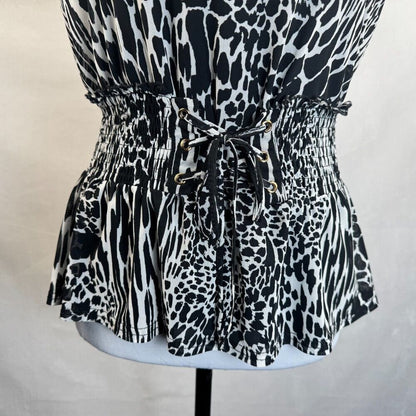 Ember Ladie's Peplum Top Sz M Animal Print Sleeveless Smocked Lace-up Waist
