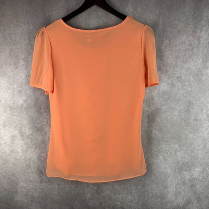 GA GA Fashion Blouse Sz L Sheer Peach Short Sleeve Round Neck Pleated Front