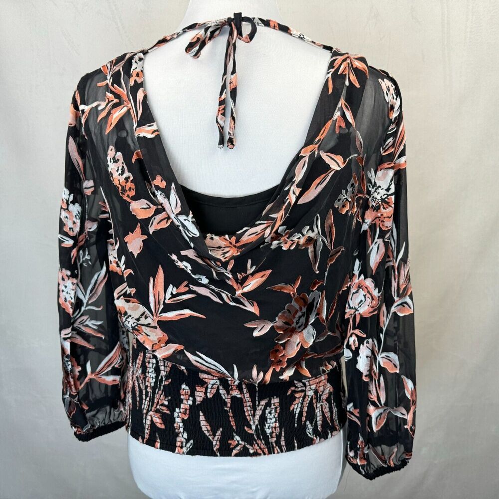 White House Black Market Sz 8 Cowl Neck Back Tie Pullover Sheer Slit Sleeve