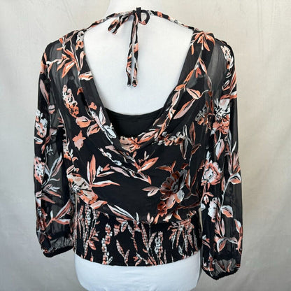 White House Black Market Sz 8 Cowl Neck Back Tie Pullover Sheer Slit Sleeve