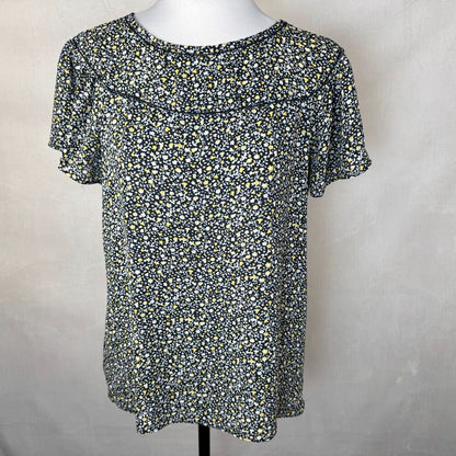 LOFT Top Sz S Navy Floral Flutter Cap Sleeve Boat Neck Ladder Stitch Keyhole