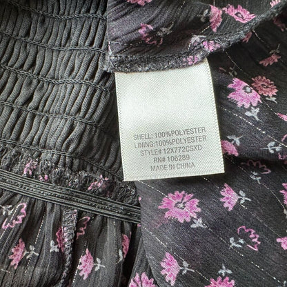 Mi Ami Top Sz M Sheer Cropped Black Square Neck Floral Long Sleeve