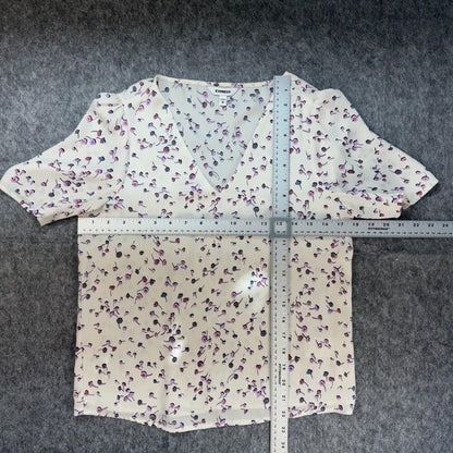 Express Women Blouse Size XS Ivory Floral Print  V-Neck Short Sleeve