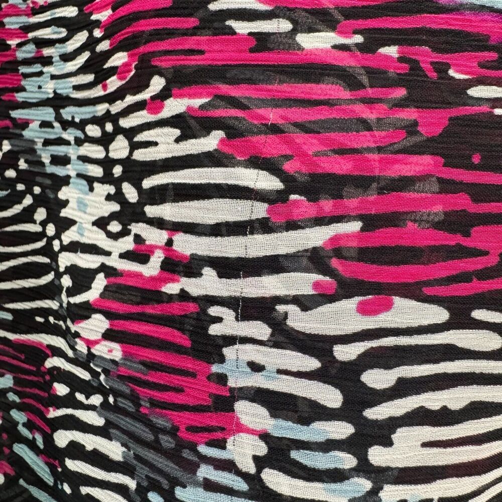 BCX Sheer Top Women Sz M Black with Fucsia White Print Over Cami Tank Ruched Hem