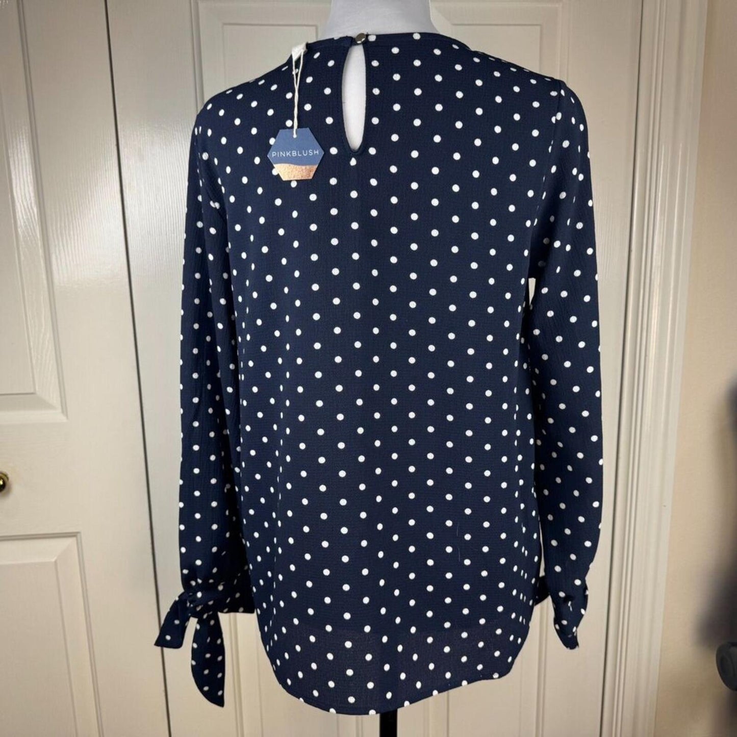 PinkBlush NWT Top Women Sz S Navy Polka Dot Crew Neck Long Slit Sleeve Bow Cuff