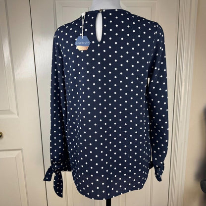 PinkBlush NWT Top Women Sz S Navy Polka Dot Crew Neck Long Slit Sleeve Bow Cuff