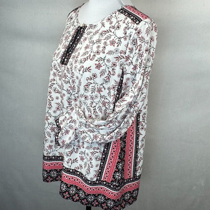 J. Jill Women Sz M Tunic White Floral Print Border Split Neck Long Sleeve