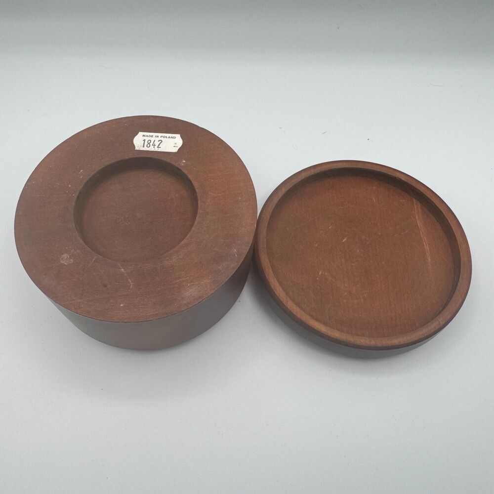 Carved Wood Trinket Lid Jewelry Box Brown 4.5" Diameter Made in Poland