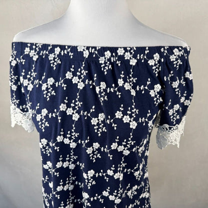 Roommates Sz S Navy Off The Shoulder Cropped Embroidered Short Sleeve Lace Trim