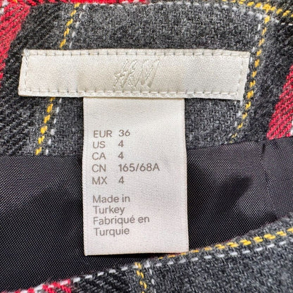 H&M Skirt Sz 4 Plaid Faux Wrap Red Gray Black Plaid Skirt A-Line