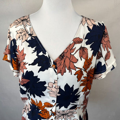 Liz Claiborne Top Sz M Short Flare Sleeve Multicolor Floral Peplum Button Up