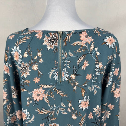 Papermoon Top Sz L Teal Floral Print Raglan Long Sleeve Back Zipper Boat Neck